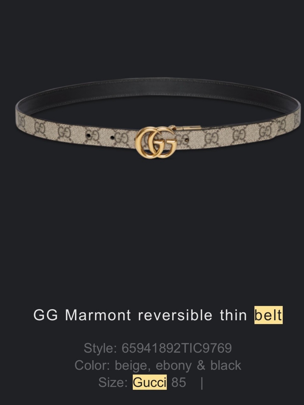 Gucci GG Marmont Reversible Thin Belt in Beige and Black with Gold GG Buckle